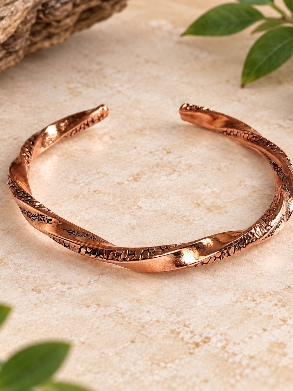 Handmade Pure Copper Twisted Cuff Bracelet Adjustable Polished Unisex